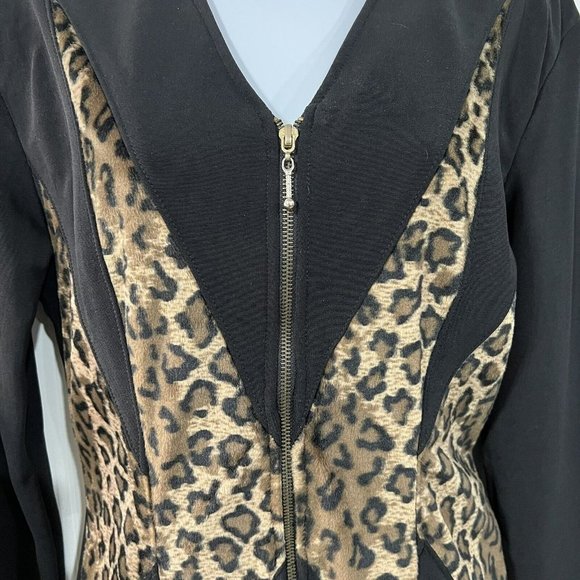 Vintage 80's Black Stretchy Furry Trimmed Leopard Print Bodycon Jumpsuit USA S ? - Picture 3 of 7
